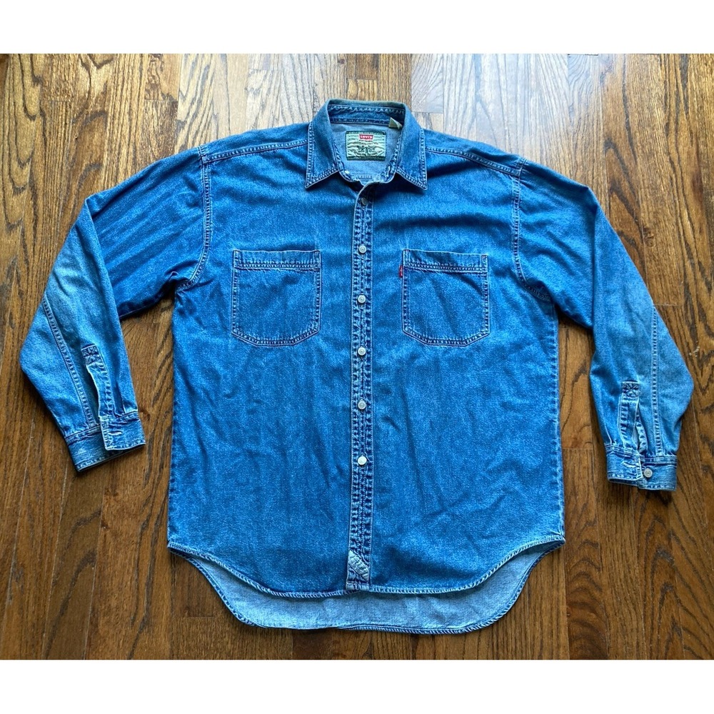 Vintage Levis Denim Shirt Mens Size Large Blue Y2K Button Up Long Sleeve